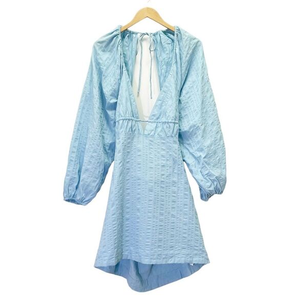 NWT Free People Endless Summer Puff Sleeve Open Back Mini Dress Blue Size Large - Picture 2 of 13